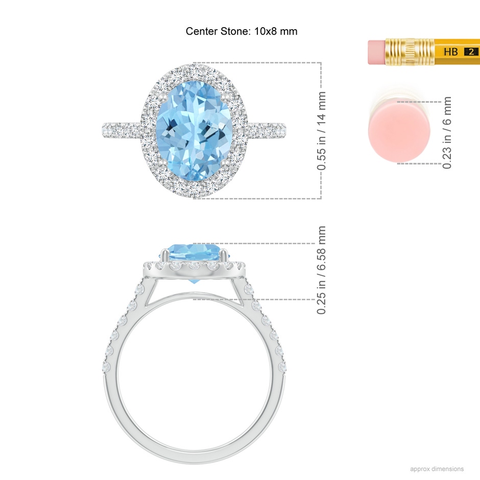 10x8mm AAAA Double Claw-Set Oval Aquamarine Halo Ring with Diamonds in White Gold ruler