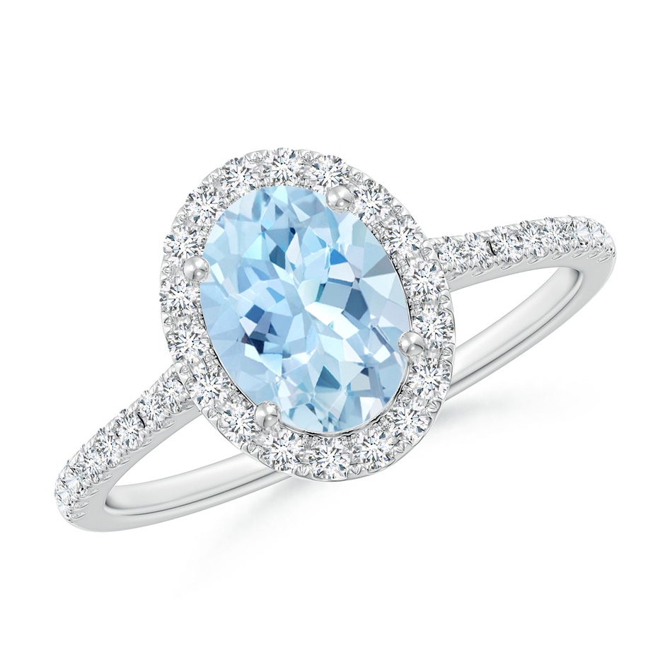 8x6mm AAA Double Claw-Set Oval Aquamarine Halo Ring with Diamonds in White Gold 