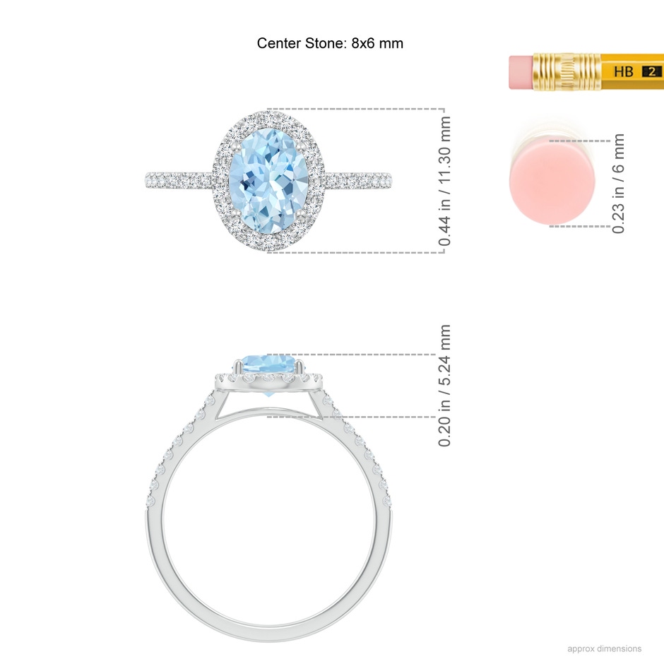 8x6mm AAA Double Claw-Set Oval Aquamarine Halo Ring with Diamonds in White Gold ruler