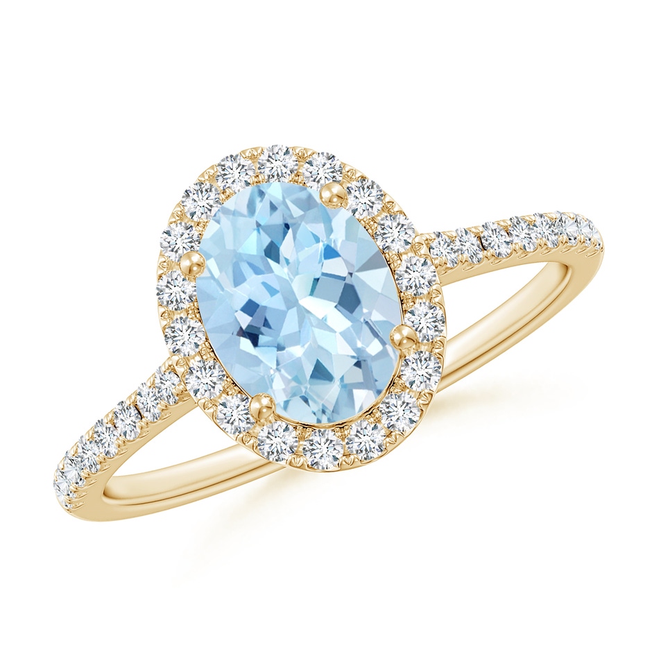 8x6mm AAA Double Claw-Set Oval Aquamarine Halo Ring with Diamonds in Yellow Gold 