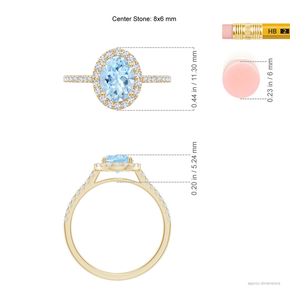 8x6mm AAA Double Claw-Set Oval Aquamarine Halo Ring with Diamonds in Yellow Gold ruler
