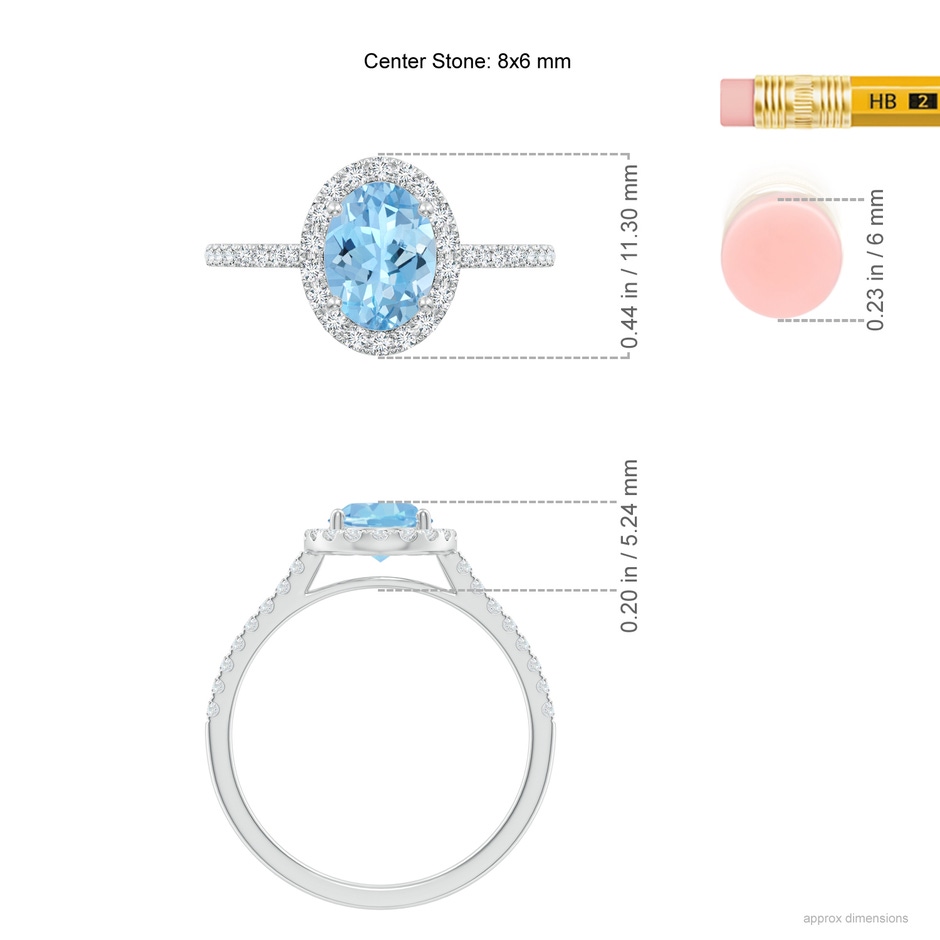 8x6mm AAAA Double Claw-Set Oval Aquamarine Halo Ring with Diamonds in White Gold ruler