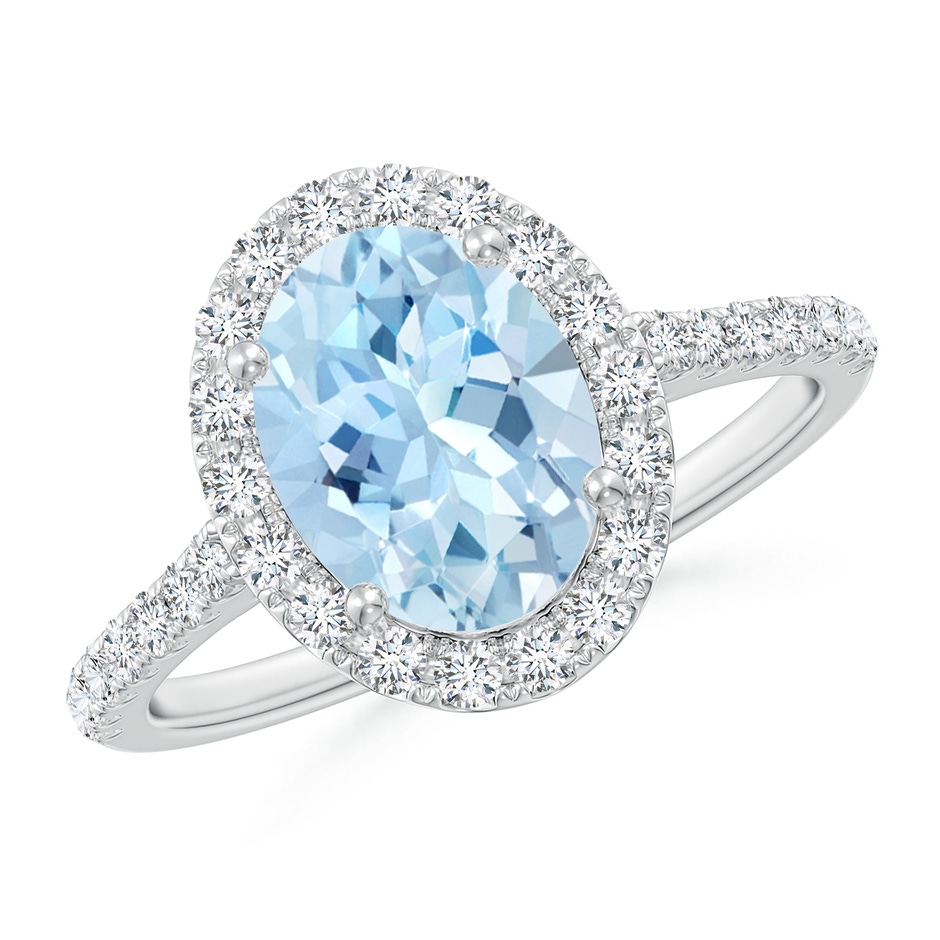 9x7mm AAA Double Claw-Set Oval Aquamarine Halo Ring with Diamonds in White Gold 