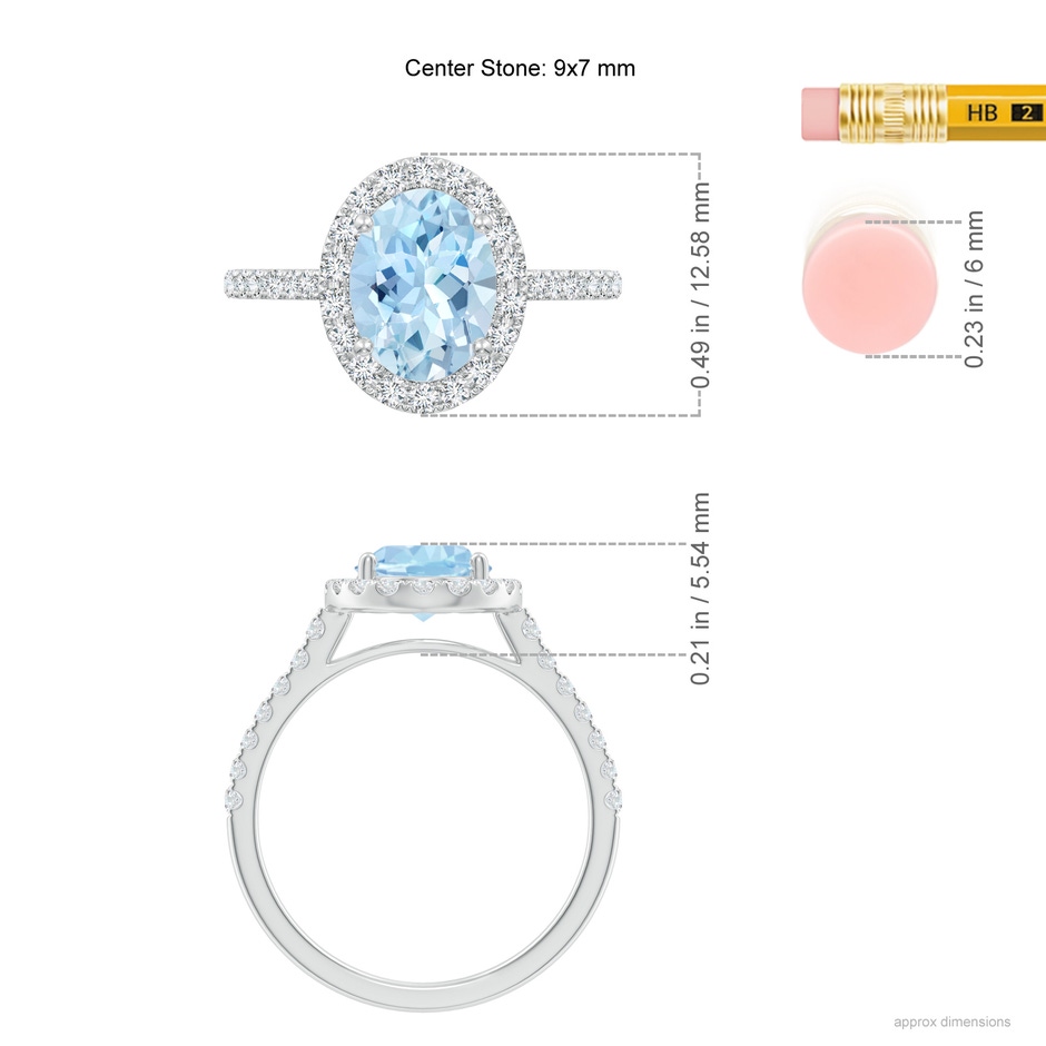 9x7mm AAA Double Claw-Set Oval Aquamarine Halo Ring with Diamonds in White Gold ruler