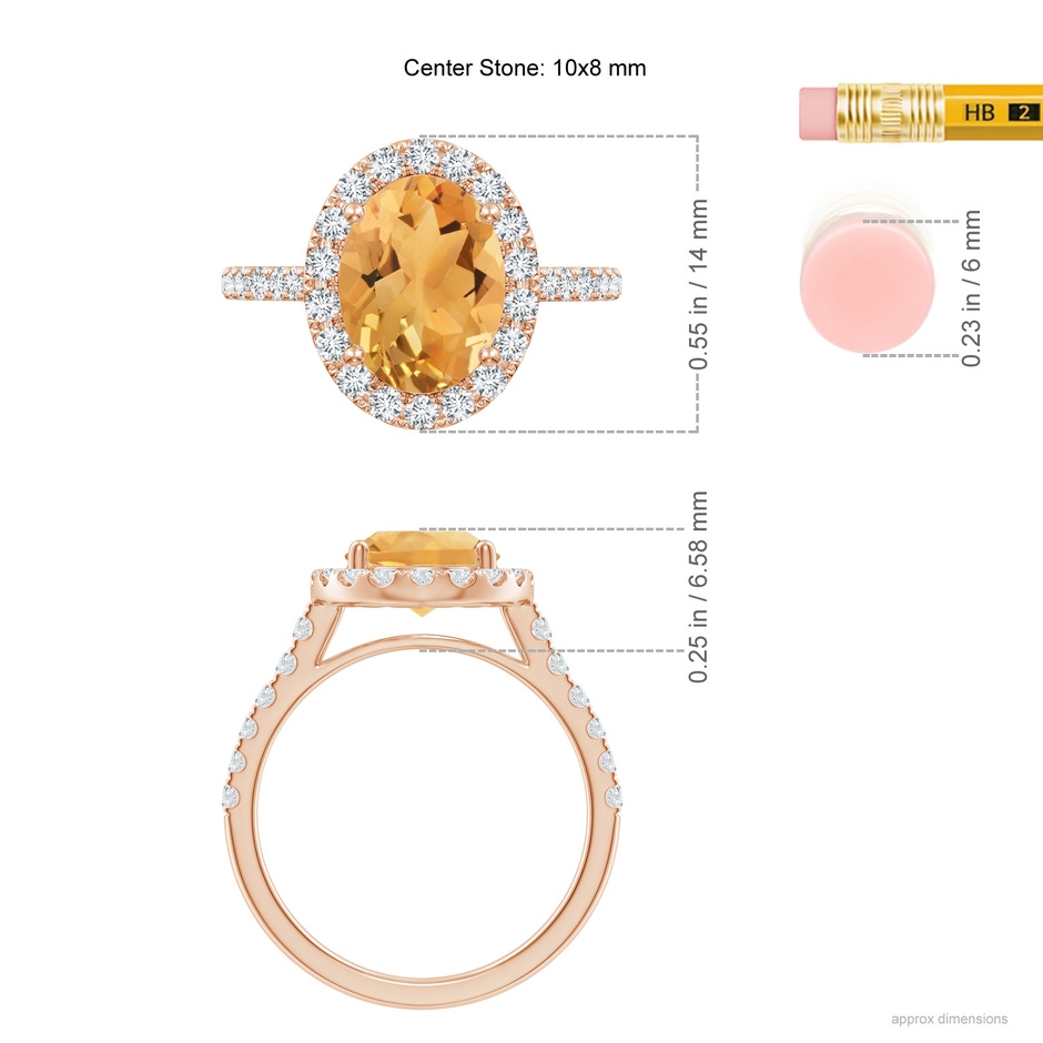 10x8mm A Double Claw-Set Oval Citrine Halo Ring with Diamonds in Rose Gold ruler