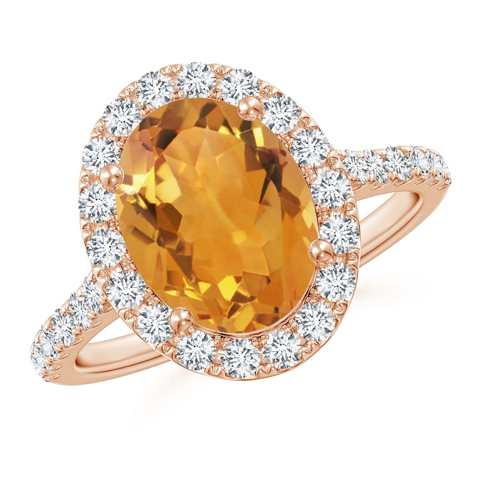 10x8mm AA Double Claw-Set Oval Citrine Halo Ring with Diamonds in Rose Gold 