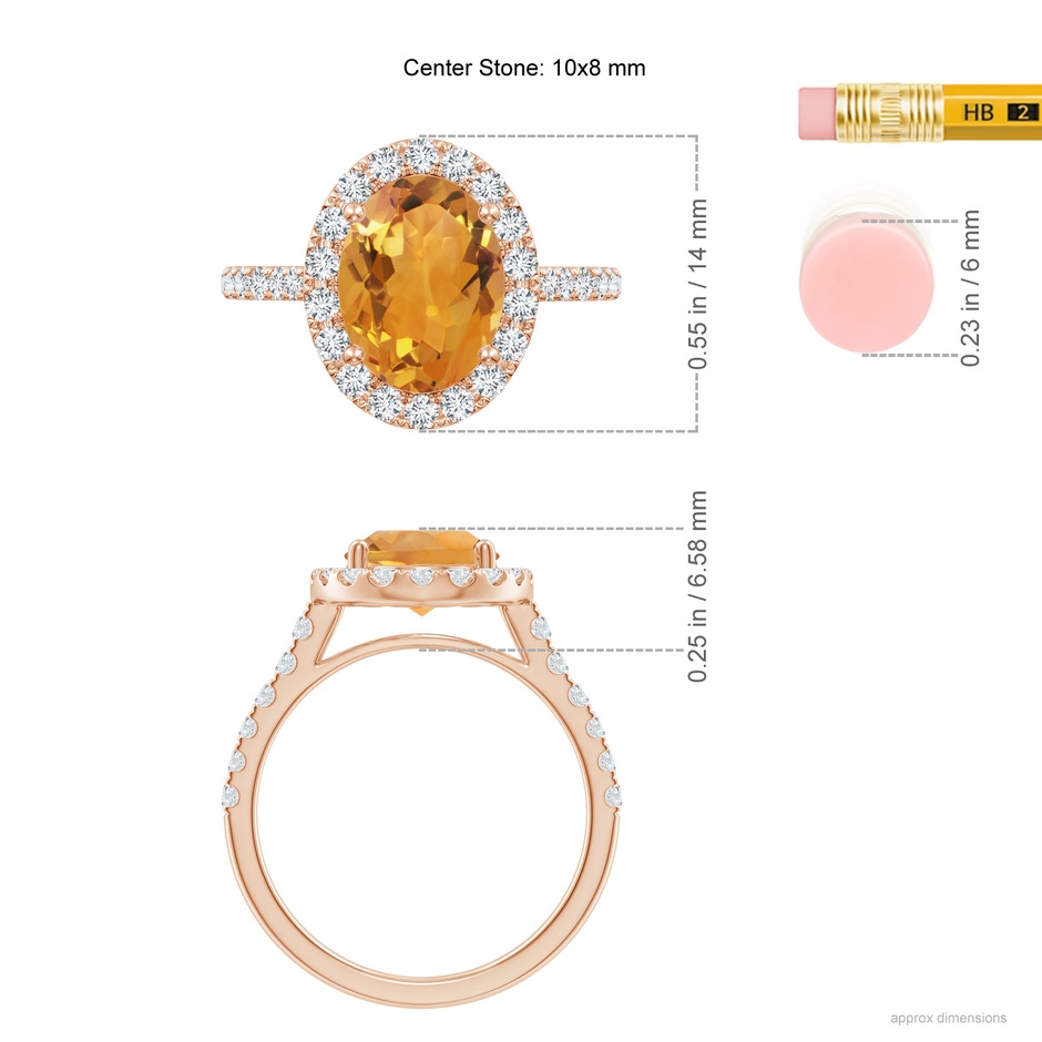 10x8mm AA Double Claw-Set Oval Citrine Halo Ring with Diamonds in Rose Gold ruler