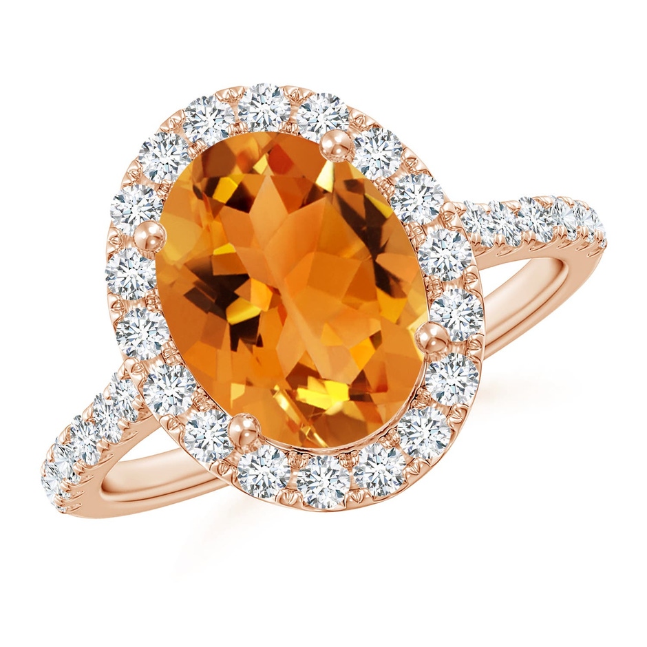 10x8mm AAA Double Claw-Set Oval Citrine Halo Ring with Diamonds in Rose Gold 