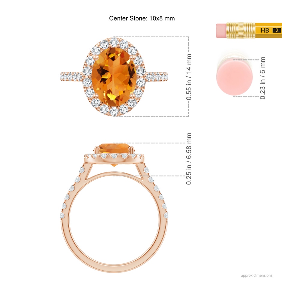10x8mm AAA Double Claw-Set Oval Citrine Halo Ring with Diamonds in Rose Gold ruler