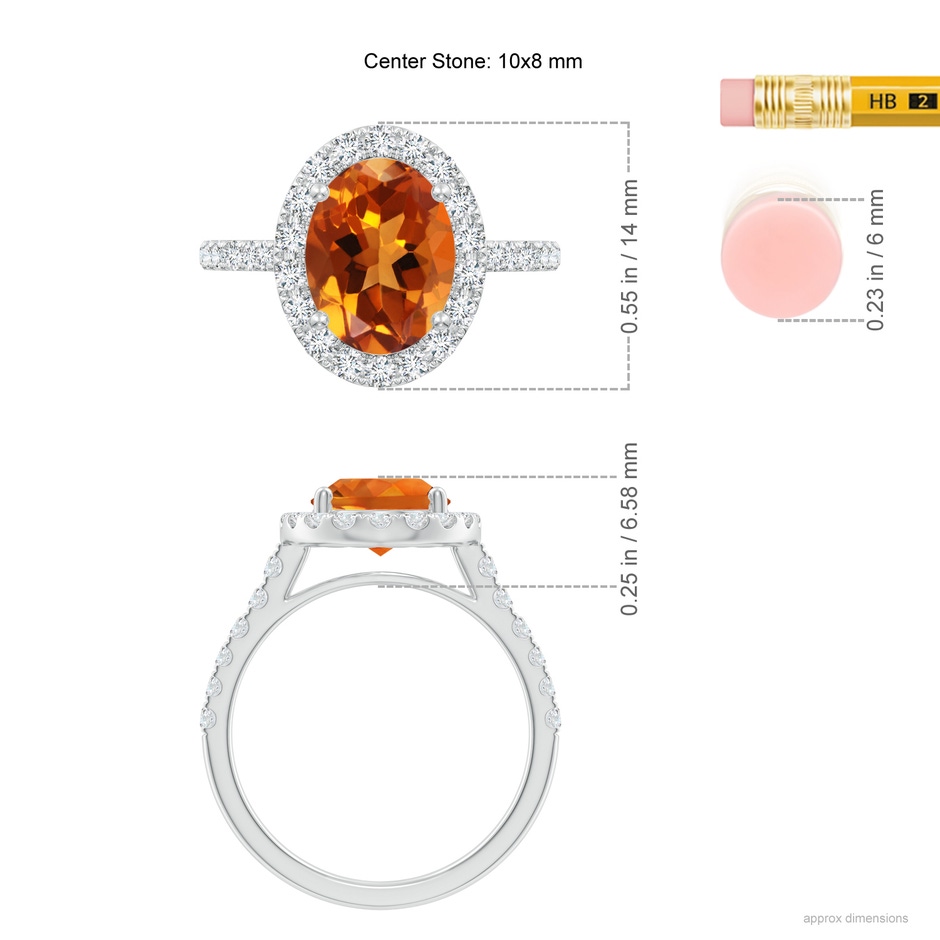 10x8mm AAAA Double Claw-Set Oval Citrine Halo Ring with Diamonds in 18K White Gold ruler