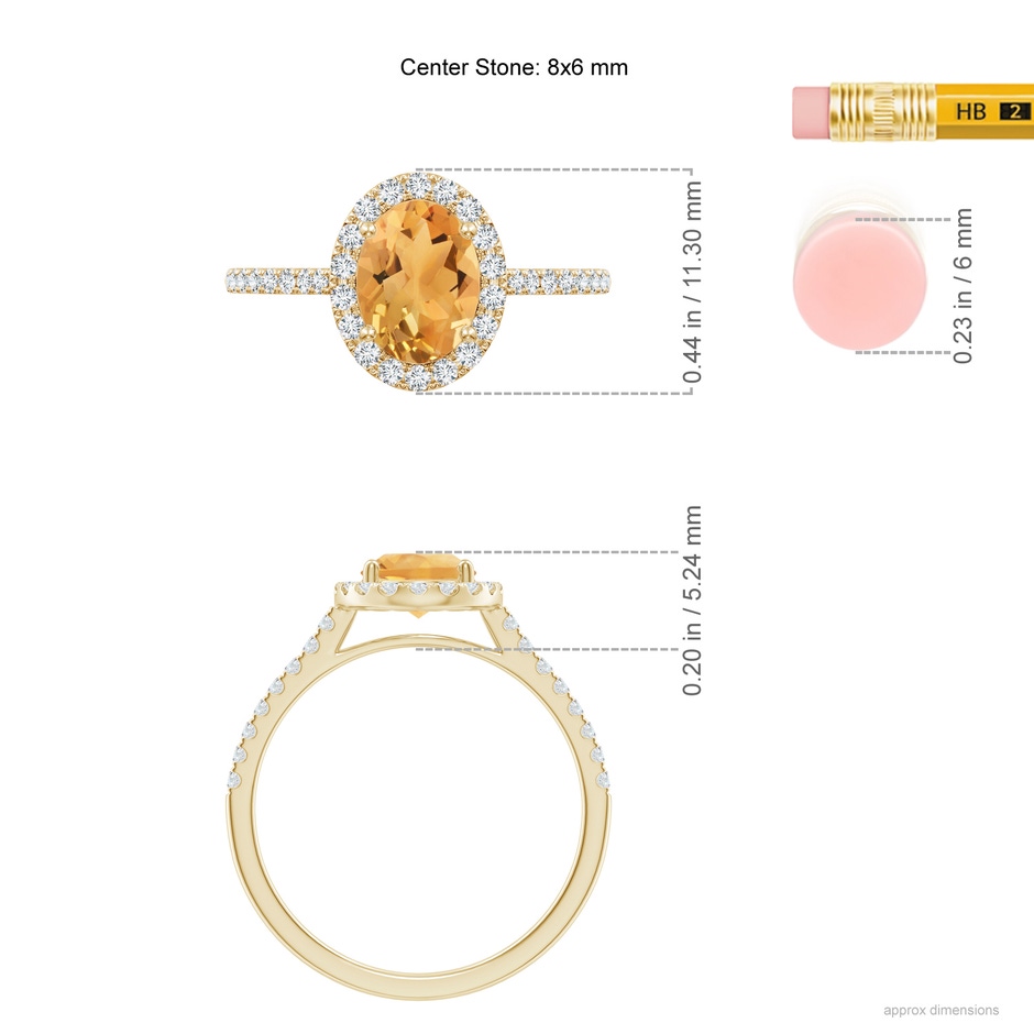 8x6mm A Double Claw-Set Oval Citrine Halo Ring with Diamonds in 10K Yellow Gold ruler