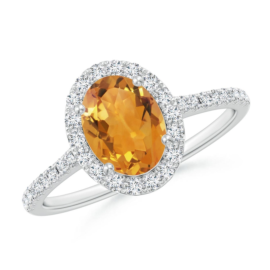 8x6mm AA Double Claw-Set Oval Citrine Halo Ring with Diamonds in 18K White Gold 