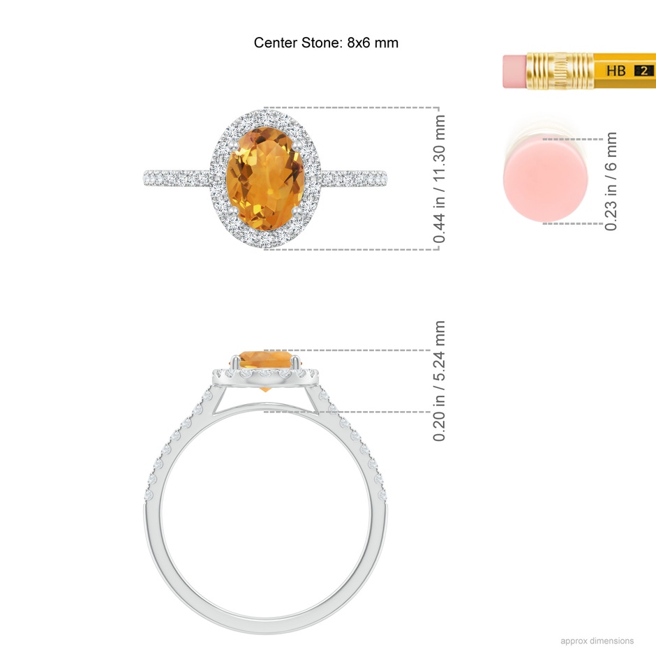 8x6mm AA Double Claw-Set Oval Citrine Halo Ring with Diamonds in 18K White Gold ruler