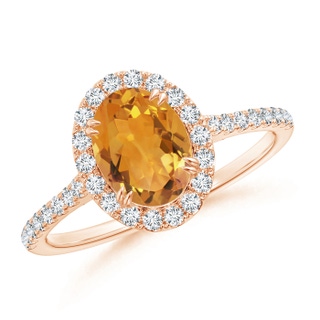 8x6mm AA Double Claw-Set Oval Citrine Halo Ring with Diamonds in 9K Rose Gold