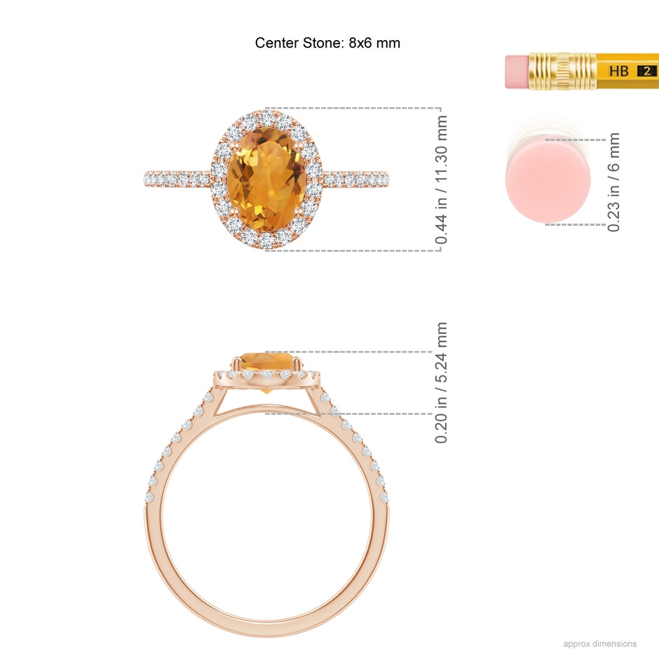 8x6mm AA Double Claw-Set Oval Citrine Halo Ring with Diamonds in 9K Rose Gold ruler