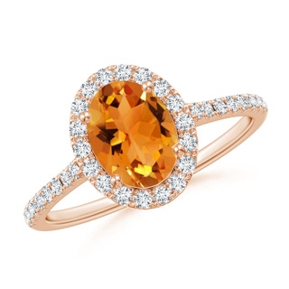 8x6mm AAA Double Claw-Set Oval Citrine Halo Ring with Diamonds in Rose Gold