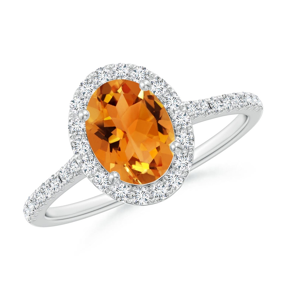8x6mm AAA Double Claw-Set Oval Citrine Halo Ring with Diamonds in White Gold 