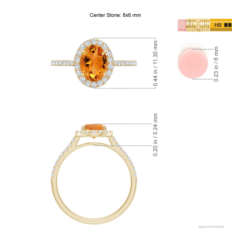 8x6mm AAA Double Claw-Set Oval Citrine Halo Ring with Diamonds in Yellow Gold ruler