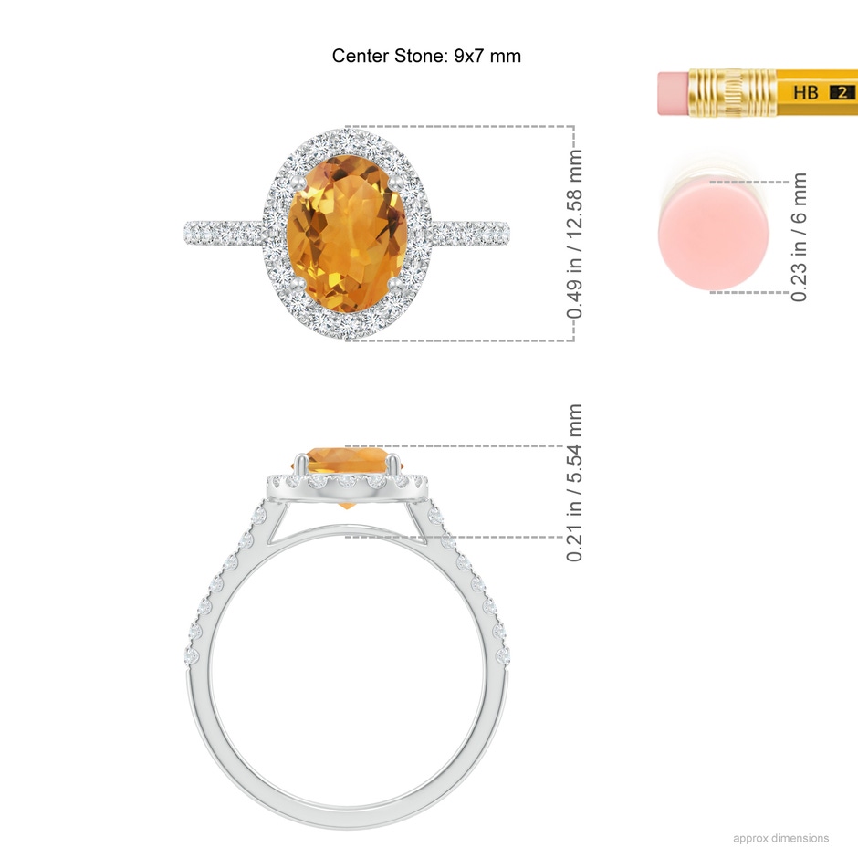 9x7mm AA Double Claw-Set Oval Citrine Halo Ring with Diamonds in White Gold ruler