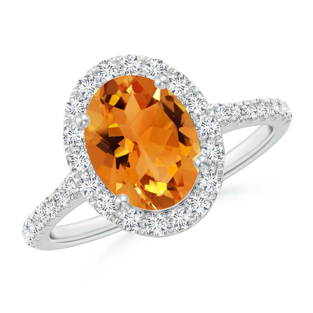 9x7mm AAA Double Claw-Set Oval Citrine Halo Ring with Diamonds in White Gold