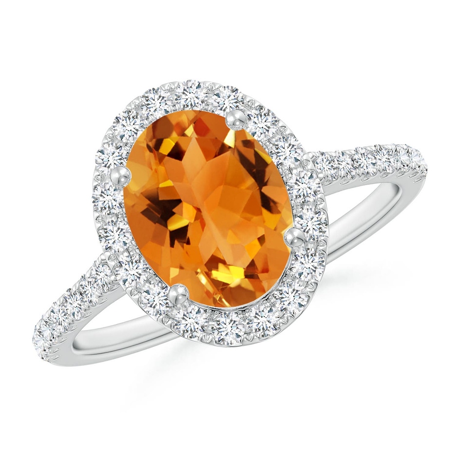 9x7mm AAA Double Claw-Set Oval Citrine Halo Ring with Diamonds in White Gold 