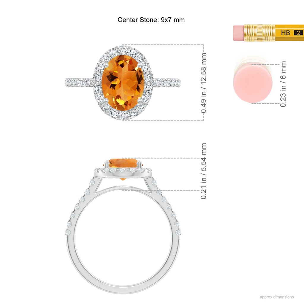 9x7mm AAA Double Claw-Set Oval Citrine Halo Ring with Diamonds in White Gold Ruler