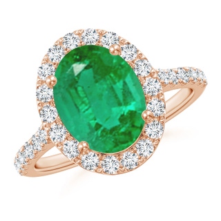 10x8mm AA Double Claw-Set Oval Emerald Halo Ring with Diamonds in Rose Gold