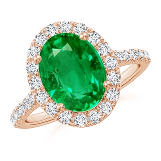 10x8mm AAA Prong-Set Oval Emerald Halo Ring with Diamonds in 9K Rose Gold