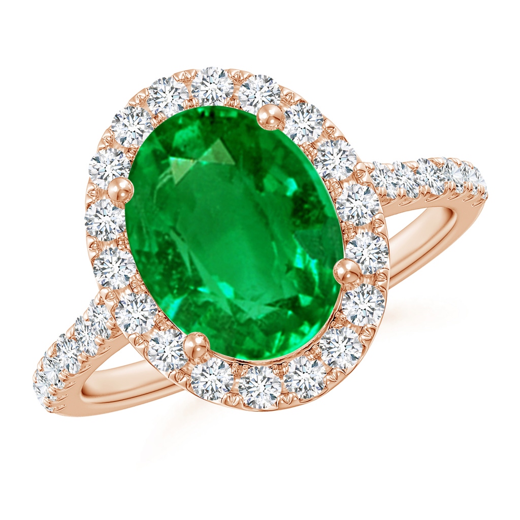 10x8mm AAAA Double Claw-Set Oval Emerald Halo Ring with Diamonds in Rose Gold