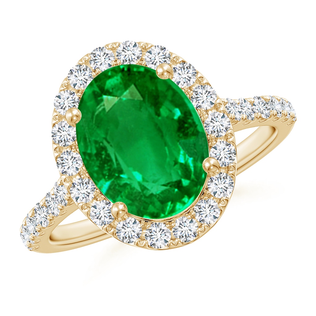 10x8mm AAAA Double Claw-Set Oval Emerald Halo Ring with Diamonds in Yellow Gold