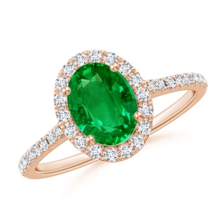 8x6mm AAAA Double Claw-Set Oval Emerald Halo Ring with Diamonds in Rose Gold