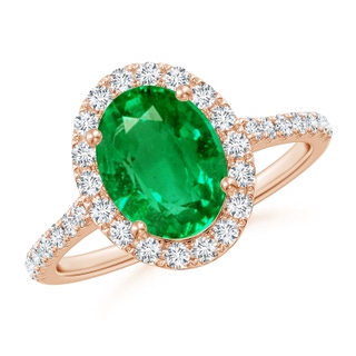 9x7mm AAA Prong-Set Oval Emerald Halo Ring with Diamonds in 10K Rose Gold