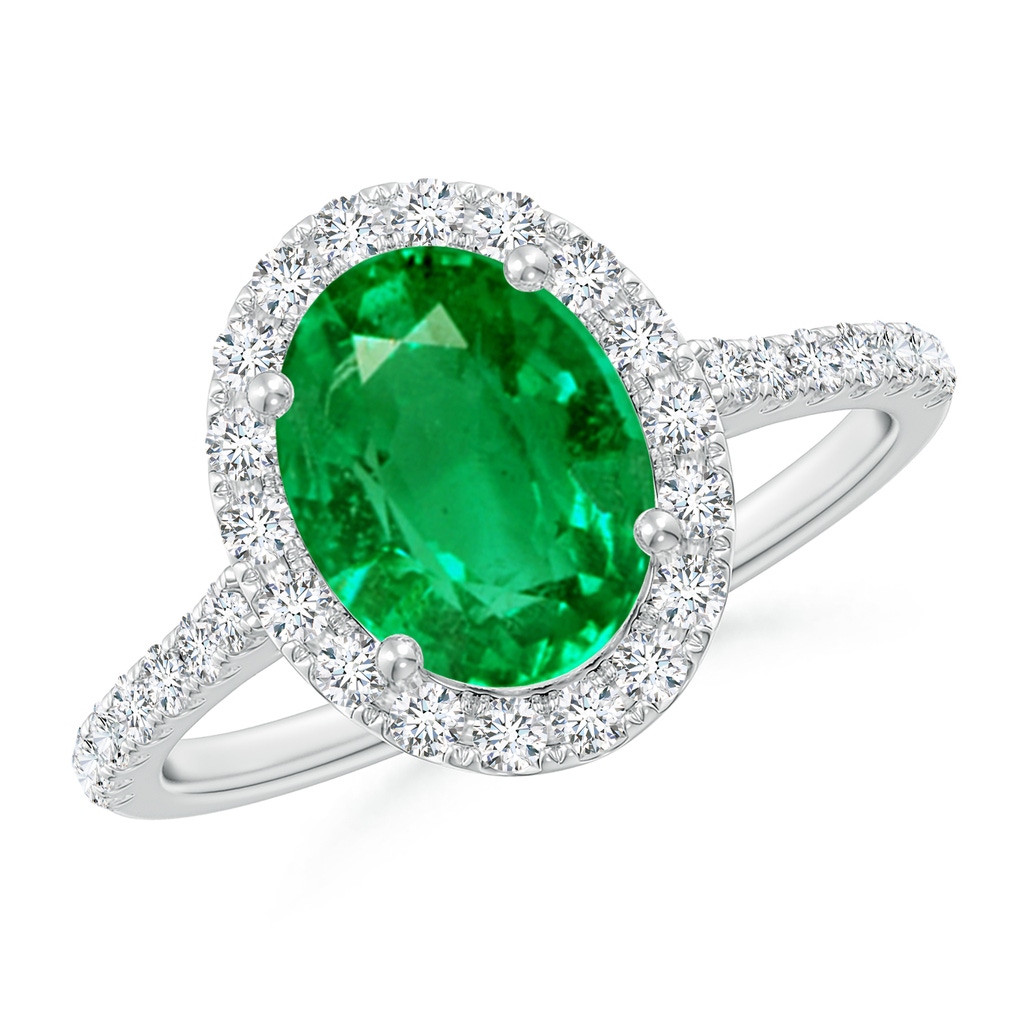 9x7mm AAA Double Claw-Set Oval Emerald Halo Ring with Diamonds in White Gold