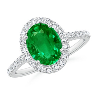 9x7mm AAAA Double Claw-Set Oval Emerald Halo Ring with Diamonds in P950 Platinum