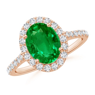 9x7mm AAAA Double Claw-Set Oval Emerald Halo Ring with Diamonds in Rose Gold