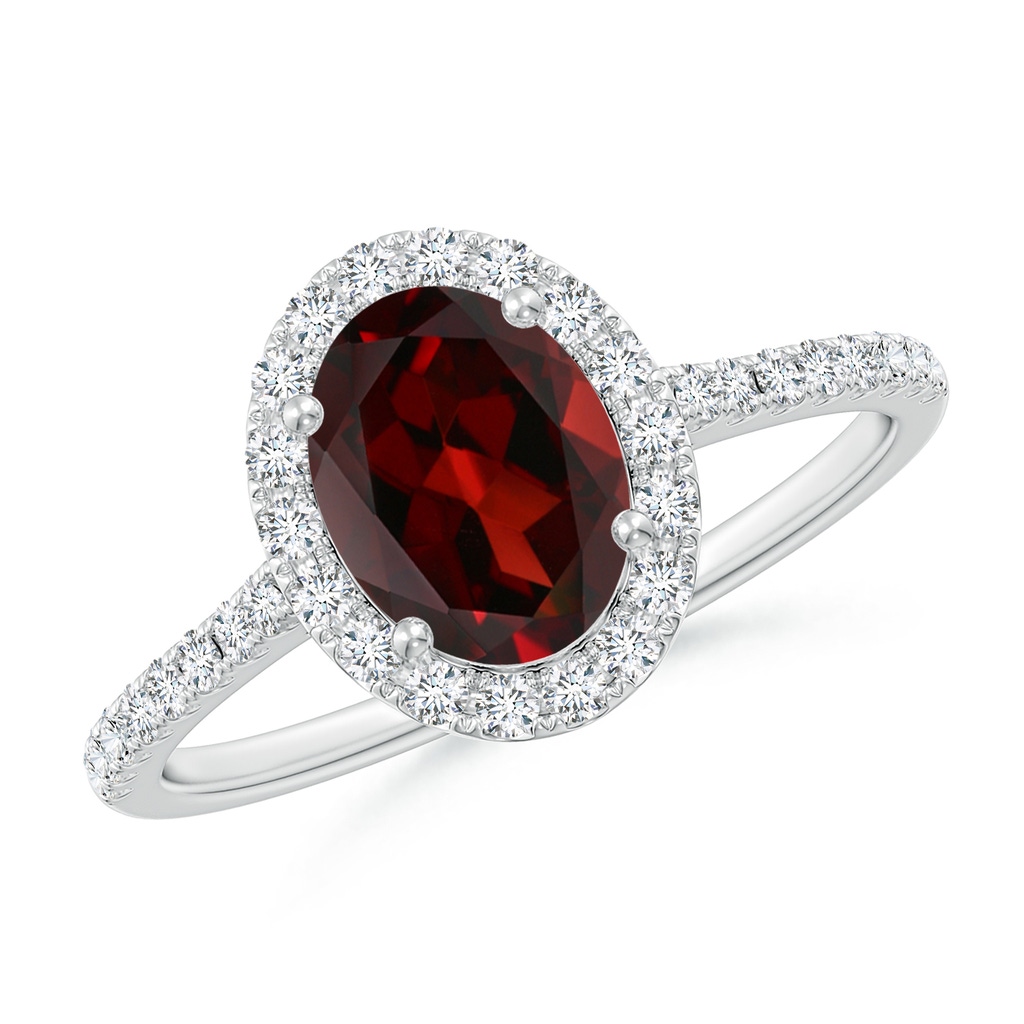 8x6mm AAA Double Claw-Set Oval Garnet Halo Ring with Diamonds in White Gold