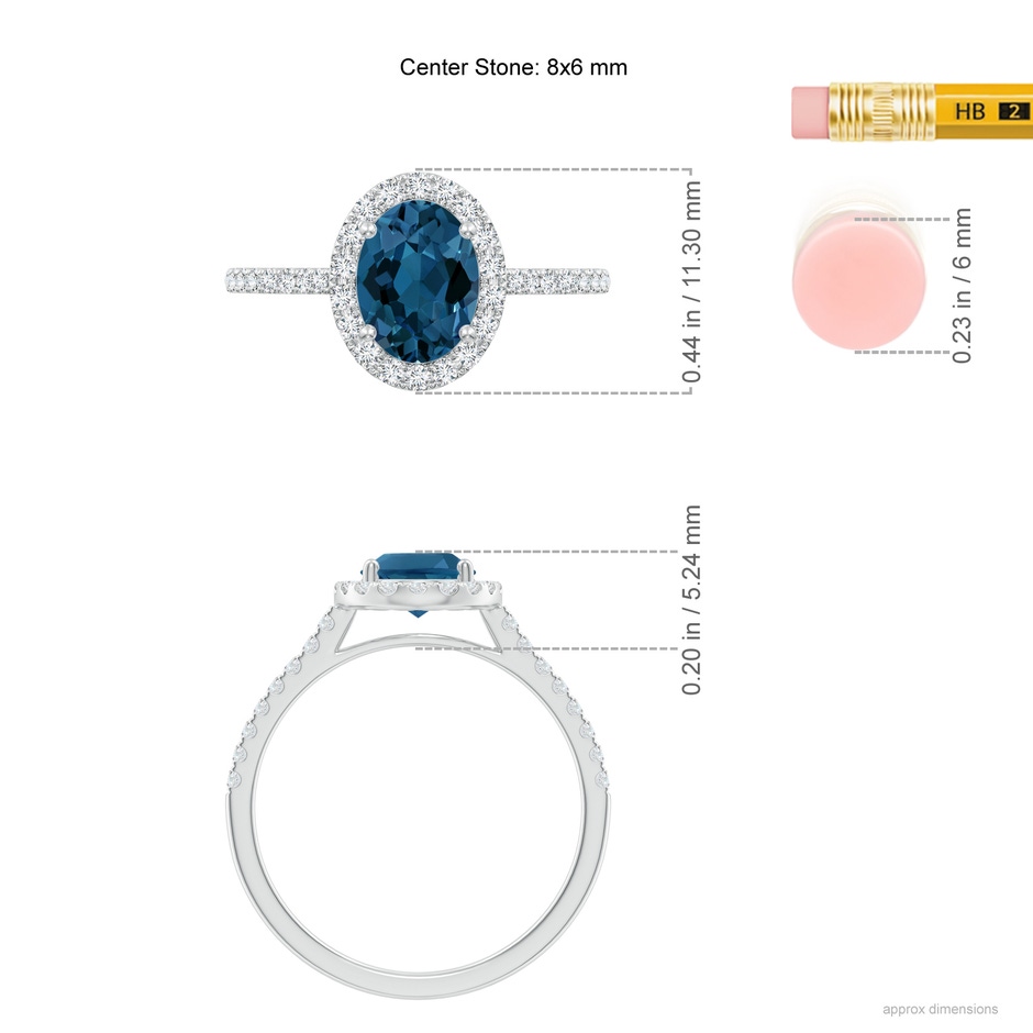 8x6mm AAA Double Claw-Set London Blue Topaz Halo Ring with Diamonds in White Gold ruler