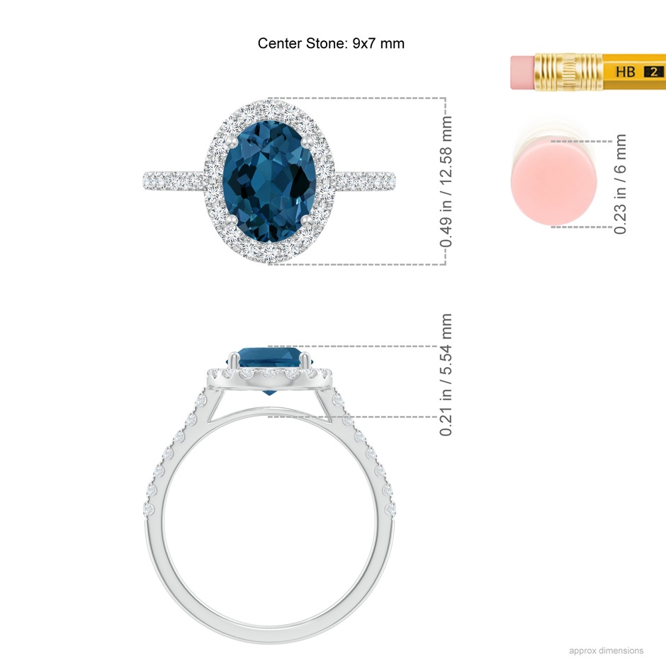 9x7mm AAA Double Claw-Set London Blue Topaz Halo Ring with Diamonds in White Gold ruler