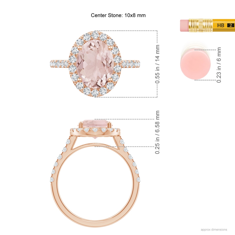 10x8mm A Double Claw-Set Oval Morganite Halo Ring with Diamonds in Rose Gold ruler