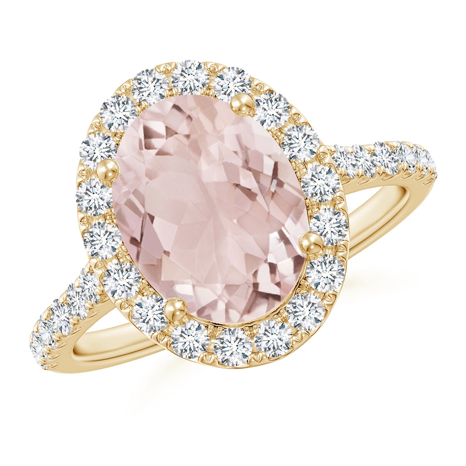 10x8mm A Double Claw-Set Oval Morganite Halo Ring with Diamonds in Yellow Gold 