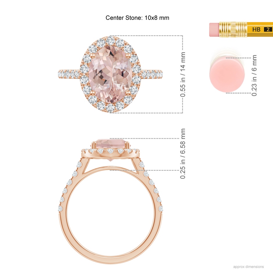 10x8mm AA Double Claw-Set Oval Morganite Halo Ring with Diamonds in Rose Gold ruler