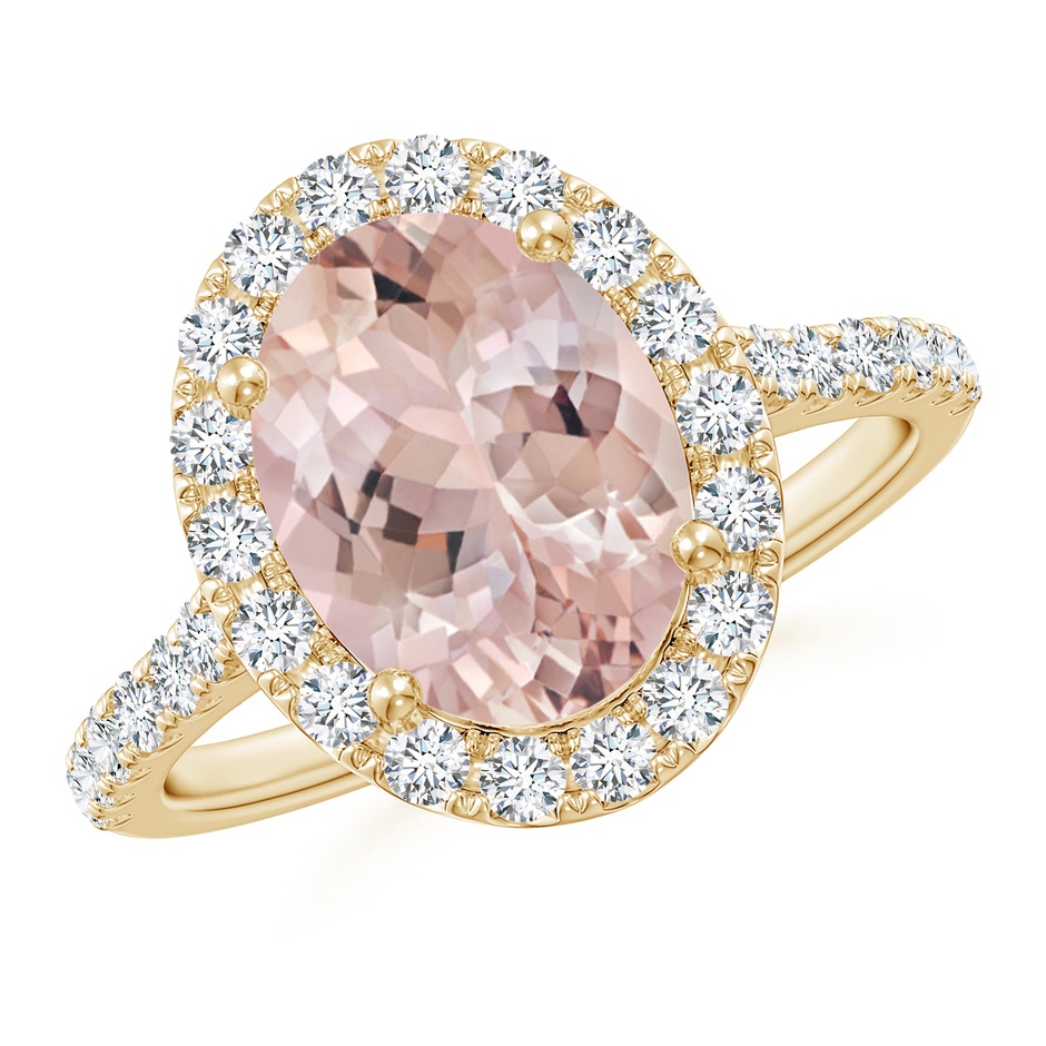 10x8mm AA Double Claw-Set Oval Morganite Halo Ring with Diamonds in Yellow Gold 