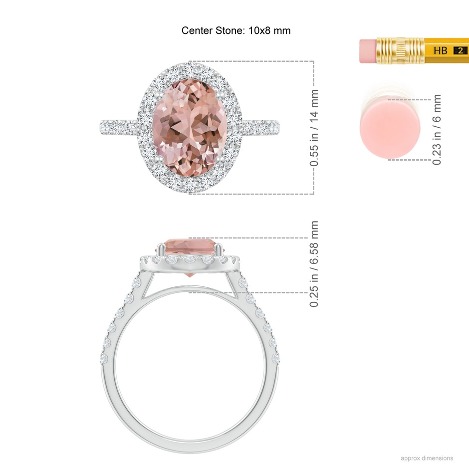 10x8mm AAAA Double Claw-Set Oval Morganite Halo Ring with Diamonds in White Gold ruler