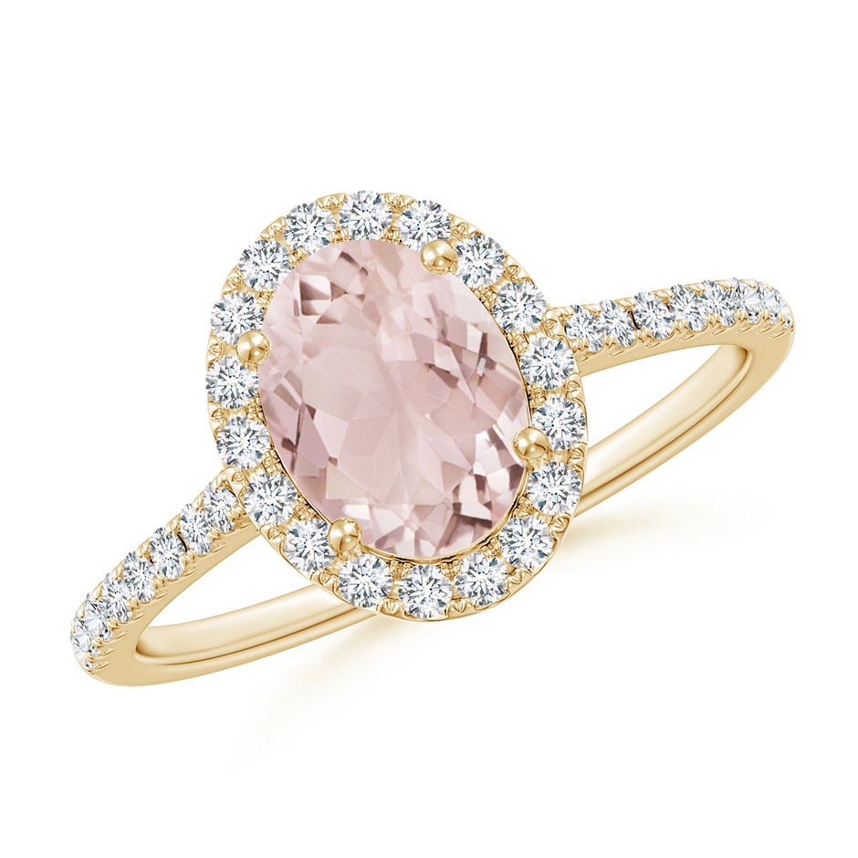 8x6mm A Prong-Set Oval Morganite Halo Ring with Diamonds in 9K Yellow Gold 