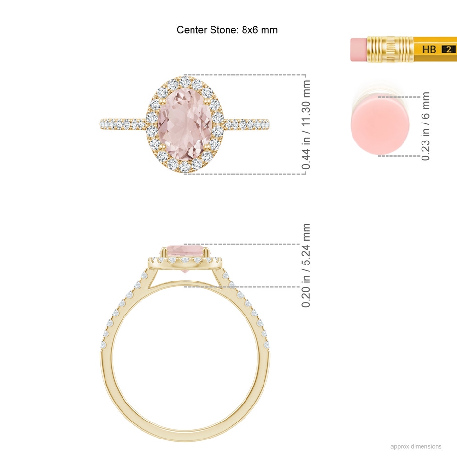 8x6mm A Prong-Set Oval Morganite Halo Ring with Diamonds in 9K Yellow Gold ruler