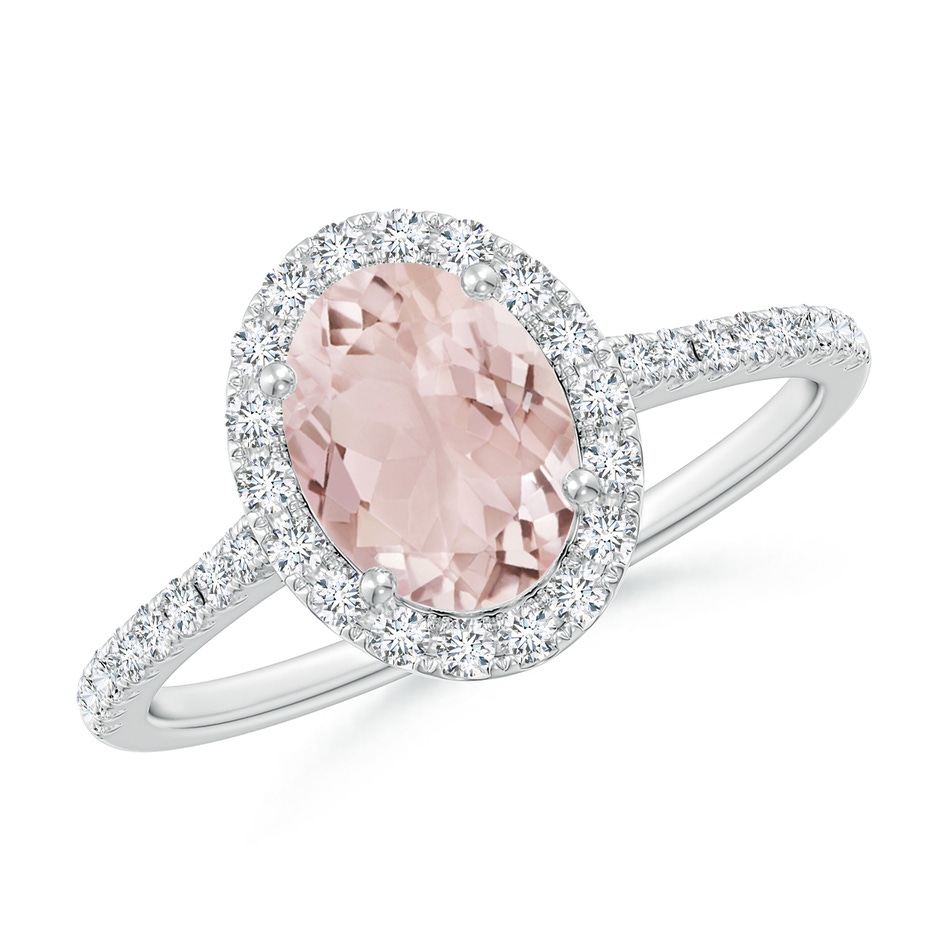 8x6mm A Double Claw-Set Oval Morganite Halo Ring with Diamonds in White Gold 