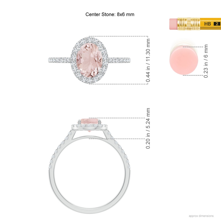 8x6mm A Double Claw-Set Oval Morganite Halo Ring with Diamonds in White Gold ruler