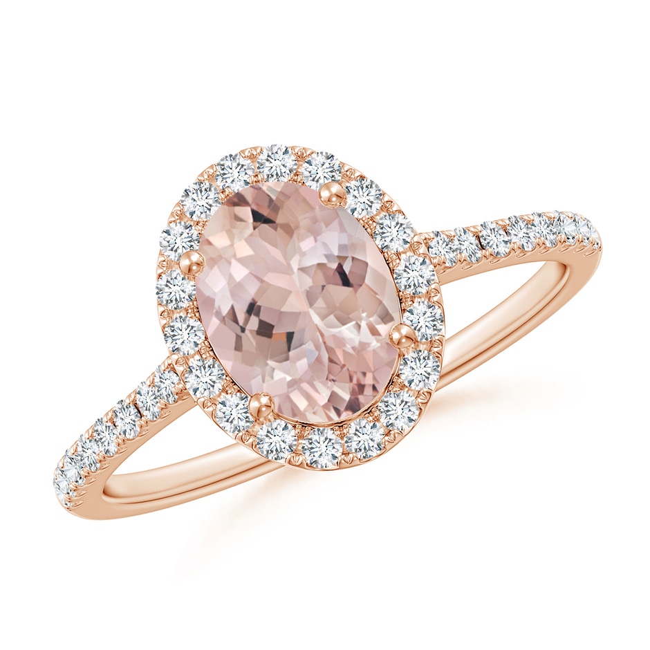 8x6mm AA Prong-Set Oval Morganite Halo Ring with Diamonds in 9K Rose Gold 
