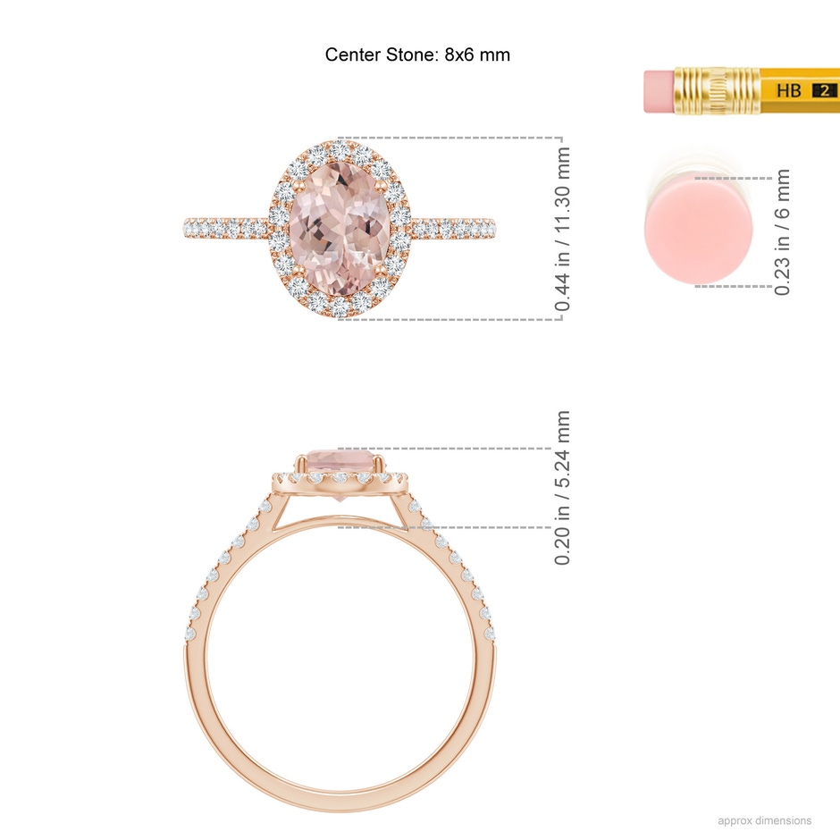 8x6mm AA Prong-Set Oval Morganite Halo Ring with Diamonds in 9K Rose Gold ruler