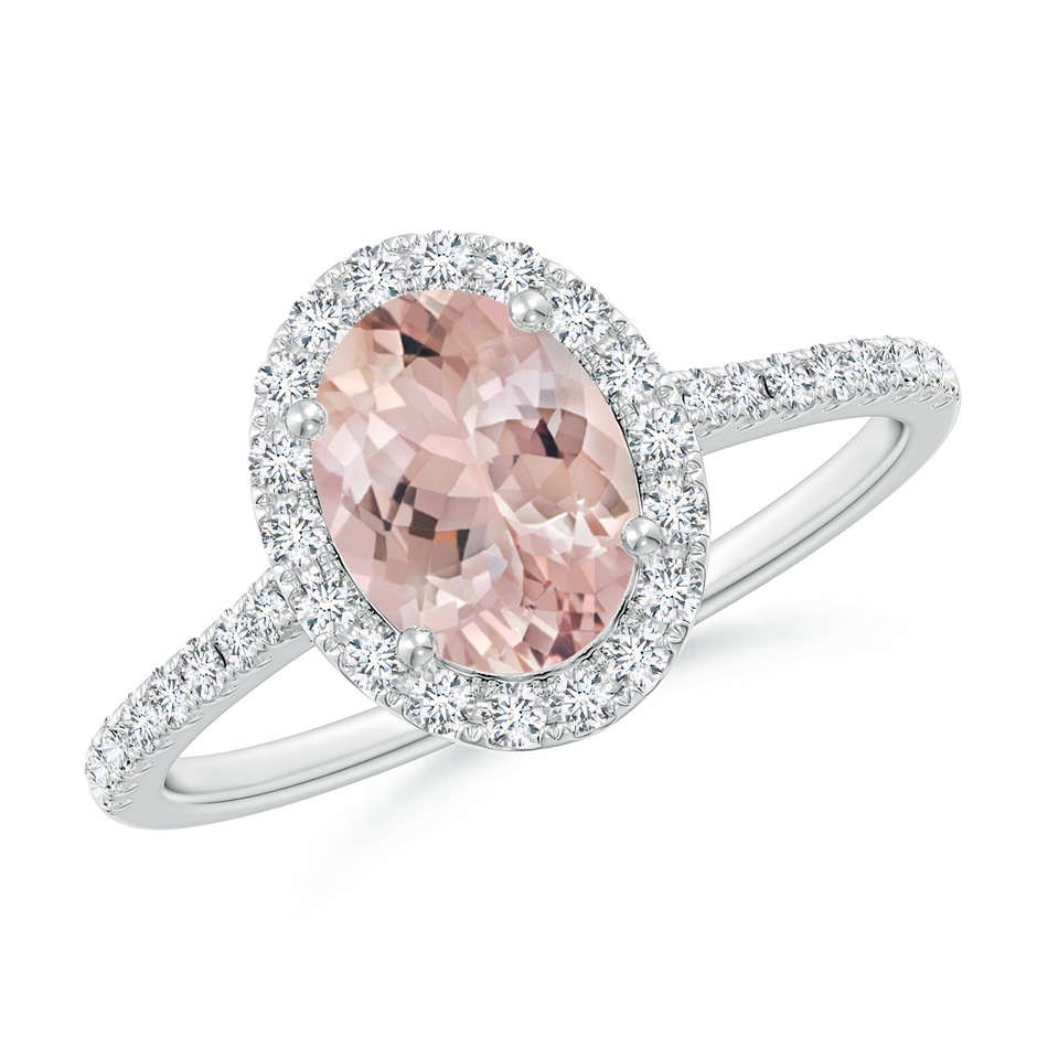 8x6mm AA Double Claw-Set Oval Morganite Halo Ring with Diamonds in White Gold 